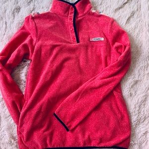Pink Columbia pullover with plaid accent